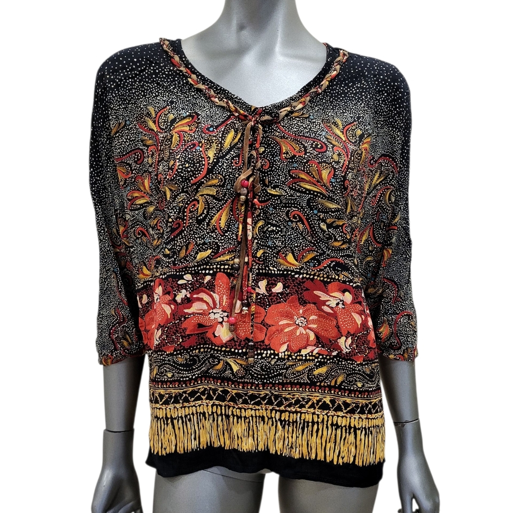 B14. Vtg.  Carole Little Black and Red Paisley Blouse - Size 14